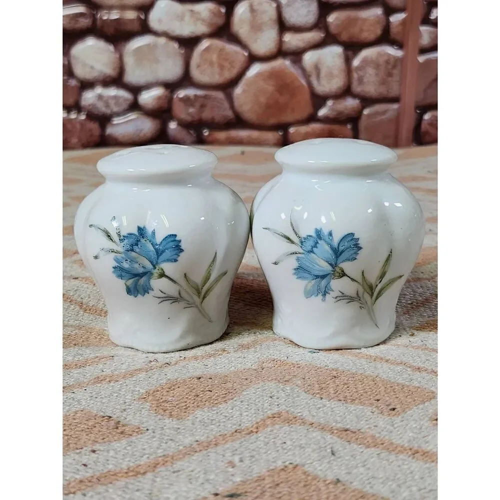 Vintage Inarco Japan Blue Ceramic Floral Salt Pepper Shakers